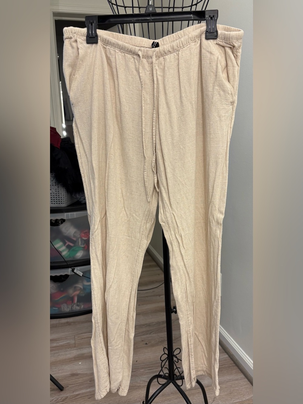 Divided Neutral Beige Textured Drawstring Linen Trousers